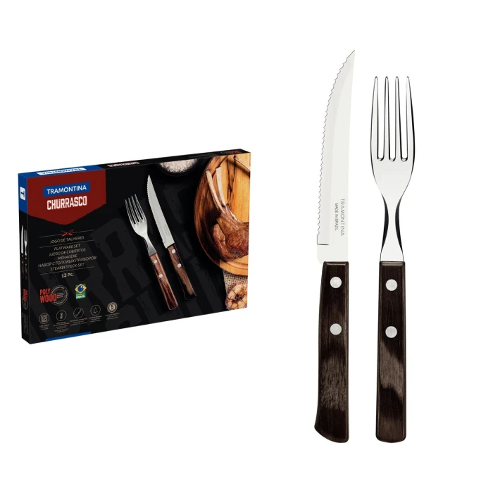 Jogo de Talheres para Churrasco Tramontina em Aço Inox com Cabo Castanho Polywood 12 Peças